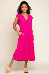 Fuchsia Ruffle Accent Tiered Maternity Midi Dress