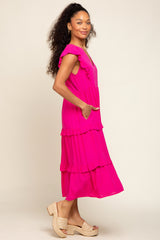 Fuchsia Ruffle Accent Tiered Midi Dress