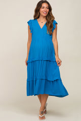 Aqua Ruffle Accent Tiered Maternity Midi Dress