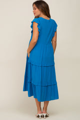 Aqua Ruffle Accent Tiered Maternity Midi Dress