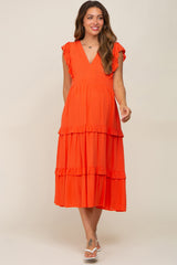 Orange Ruffle Accent Tiered Maternity Midi Dress