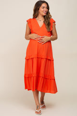 Orange Ruffle Accent Tiered Maternity Midi Dress