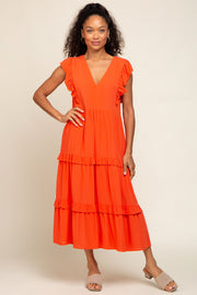 Orange Ruffle Accent Tiered Midi Dress