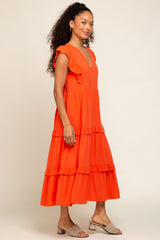 Orange Ruffle Accent Tiered Midi Dress