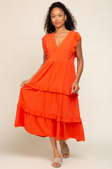 Orange Ruffle Accent Tiered Midi Dress