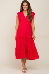 Red Ruffle Accent Tiered Maternity Midi Dress