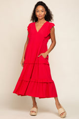 Red Ruffle Accent Tiered Maternity Midi Dress