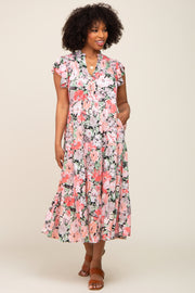 Black Floral Button Front Ruffle Sleeve Tiered Midi Dress