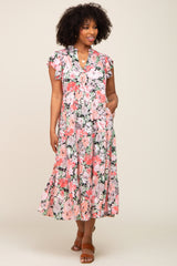 Black Floral Button Front Ruffle Sleeve Tiered Maternity Midi Dress