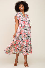 Black Floral Button Front Ruffle Sleeve Tiered Midi Dress