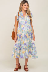 Yellow Floral Button Front Ruffle Sleeve Tiered Maternity Midi Dress