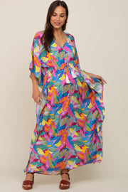 Magenta Multicolor Leaf Pint Tassel Tie Maternity Maxi Dress