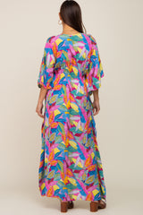 Magenta Multicolor Leaf Pint Tassel Tie Maternity Maxi Dress