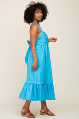 Aqua Pleated Back Tie Midi Dress