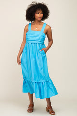 Aqua Pleated Back Tie Midi Dress