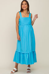 Aqua Pleated Back Tie Maternity Midi Dress