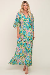 Beige Floral Chiffon Half Length Sleeve Maternity Maxi Dress