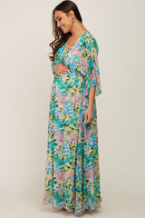 Beige Floral Chiffon Half Length Sleeve Maternity Maxi Dress