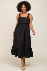 Black Pleated Back Tie Maternity Midi Dress