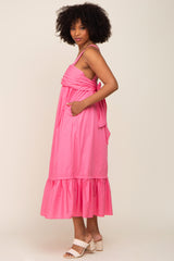 Pink Pleated Back Tie Midi Dress