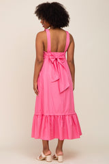 Pink Pleated Back Tie Midi Dress