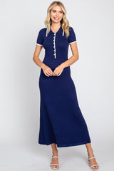 Navy Blue Collared Knit Midi Dress