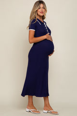 Navy Blue Collared Knit Maternity Midi Dress