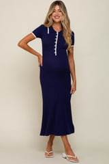 Navy Blue Collared Knit Maternity Midi Dress