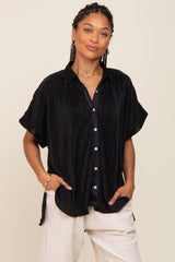 Black Pleated Satin Button Up Maternity Top