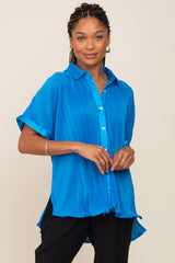 Blue Pleated Satin Button Up Top