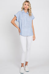 Light Blue Striped Button Front Collared Top