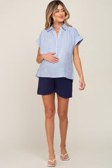 Light Blue Striped Button Front Collared Maternity Top