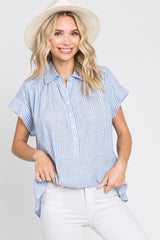 Light Blue Striped Button Front Collared Top