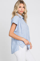 Light Blue Striped Button Front Collared Top