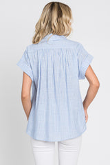 Light Blue Striped Button Front Collared Top