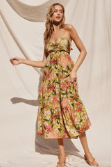 Light Olive Floral Tiered Maternity Dress