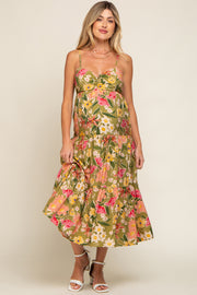 Light Olive Floral Tiered Maternity Midi Dress