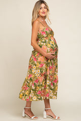 Light Olive Floral Tiered Maternity Midi Dress