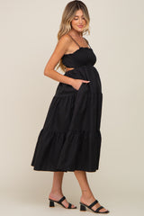 Black Smocked Open Back Tiered Maternity Midi Dress