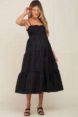 Black Smocked Open Back Tiered Maternity Midi Dress