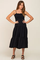 Black Smocked Open Back Tiered Midi Dress