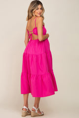 Fuchsia Smocked Open Back Tiered Maternity Midi Dress