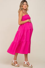 Fuchsia Smocked Open Back Tiered Maternity Midi Dress