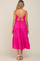 Fuchsia Smocked Open Back Tiered Maternity Midi Dress