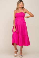 Fuchsia Smocked Open Back Tiered Maternity Midi Dress