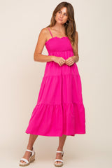 Fuchsia Smocked Open Back Tiered Maternity Midi Dress