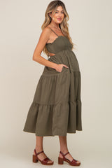 Olive Smocked Open Back Tiered Maternity Midi Dress