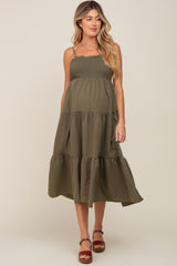 Olive Smocked Open Back Tiered Maternity Midi Dress