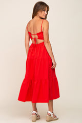 Red Smocked Open Back Tiered Midi Dress