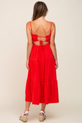 Red Smocked Open Back Tiered Midi Dress